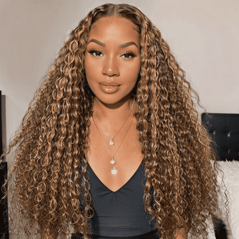 ALIGLOSSY beginner friendly deep wave glueless wig featuring highlight color and HD lace