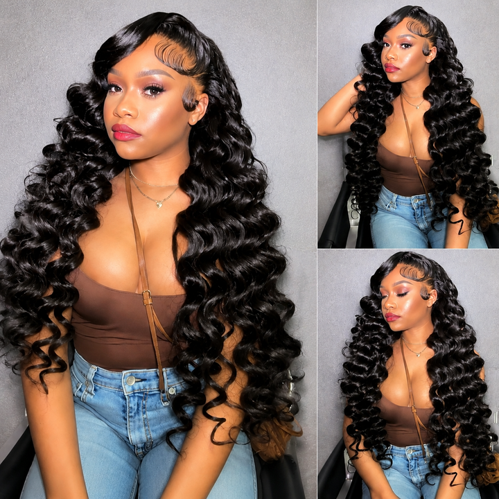 ALIGLOSSY loose wave virgin human hair wig with 180% density soft black hair