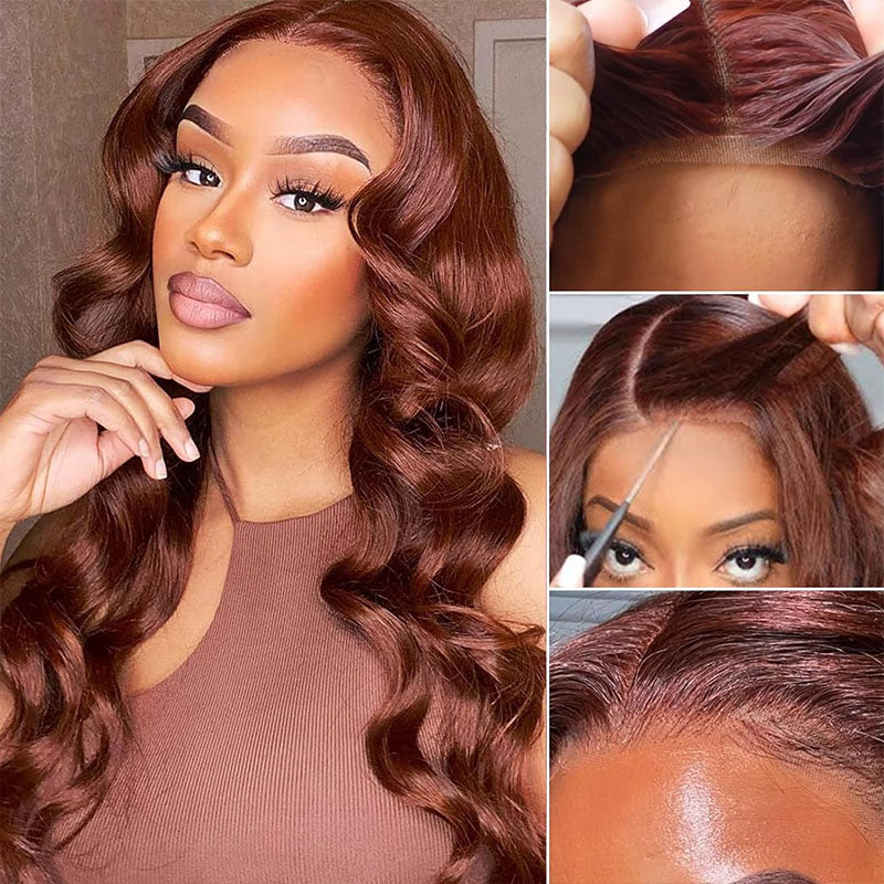 ALIGLOSSY reddish brown body wave human hair wig with glueless cap and 4x4 lace