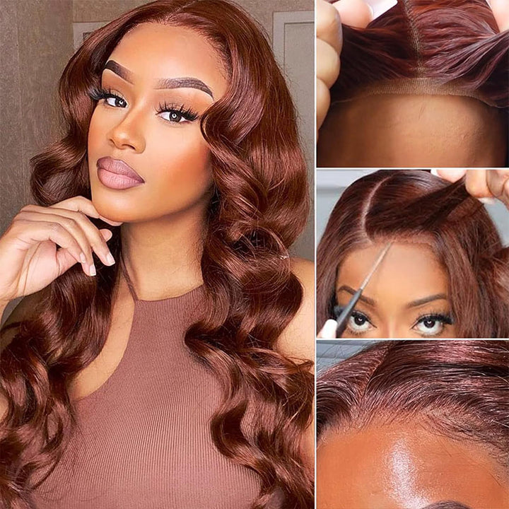 ALIGLOSSY reddish brown body wave human hair wig with glueless cap and 4x4 lace