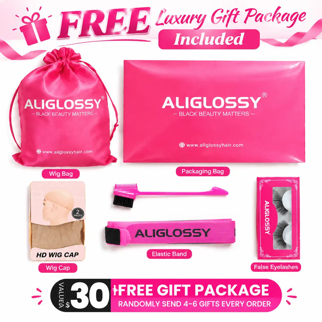 A luxury free gift package including a wig cap and band shown alongside the ALIGLOSSY Side C Part Deep Wave 13x4 HD Lace Frontal Human Hair Wig (250% Density), ready for fast shipping.