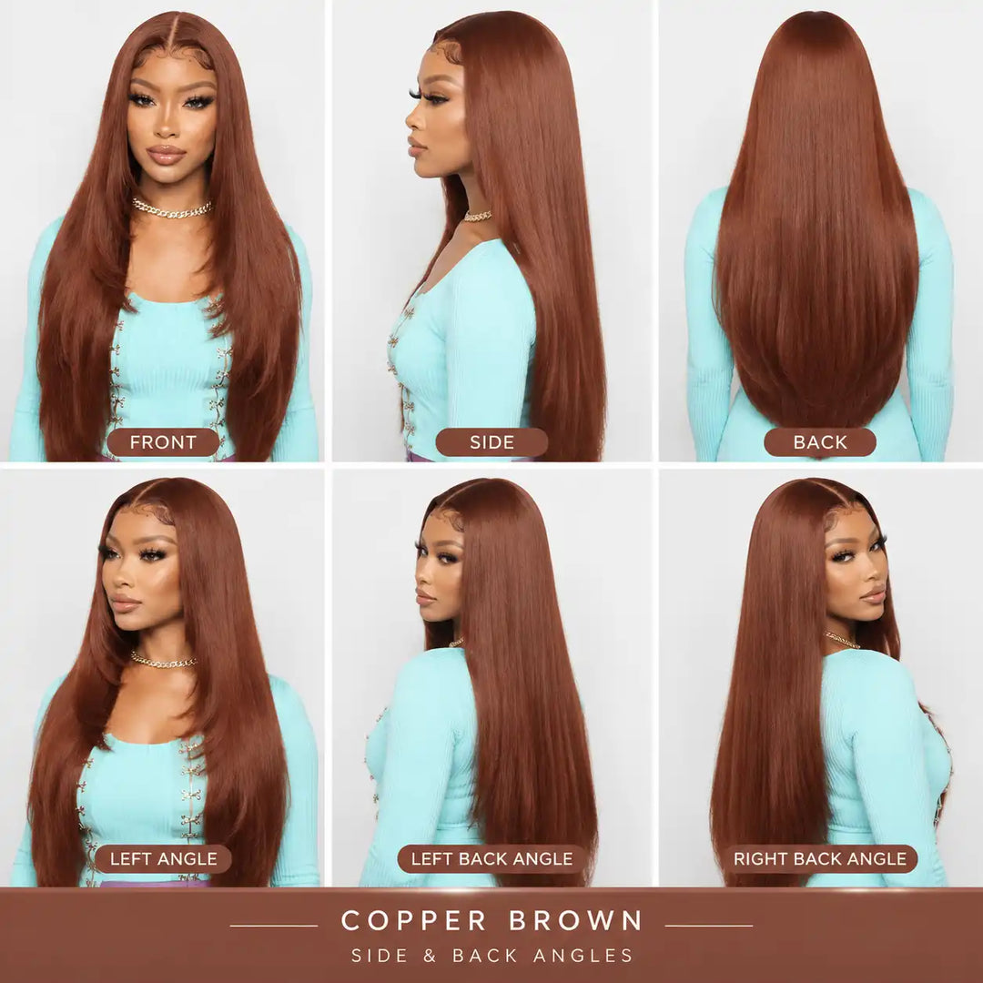 A model displaying the side and back angles of the ALIGLOSSY Layered Cut Copper Brown Wig 13x4 HD Transparent Lace Frontal Human Hair Wigs, showing the full-bodied natural layers and rich copper brown hue.