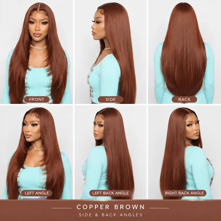A model displaying the side and back angles of the ALIGLOSSY Layered Cut Copper Brown Wig 13x4 HD Transparent Lace Frontal Human Hair Wigs, showing the full-bodied natural layers and rich copper brown hue.