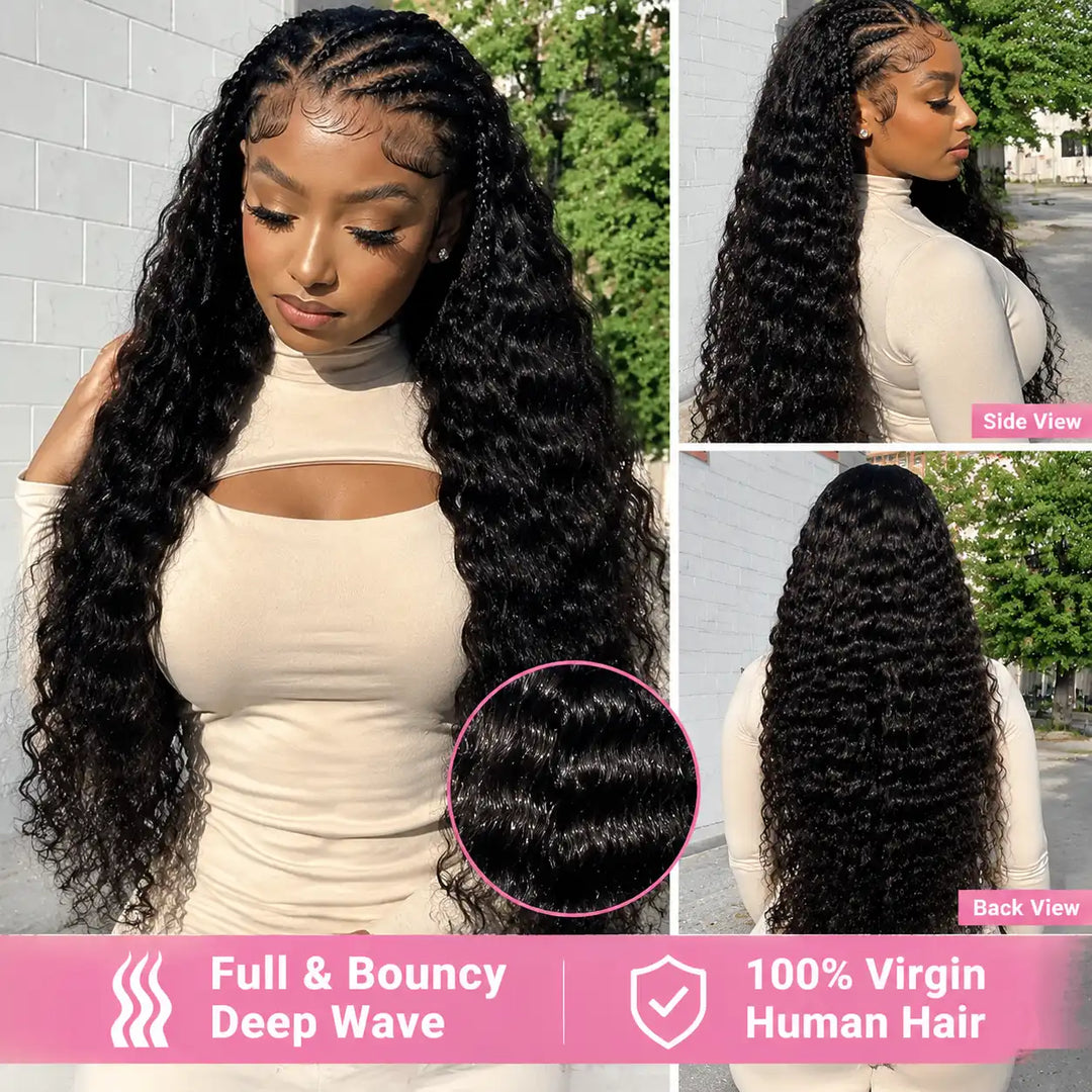 Aliglossy Deep Wave Pre-Braided HD Lace Frontal Wig in Full View (Front, Side, Back) Showing Full & Bouncy Texture