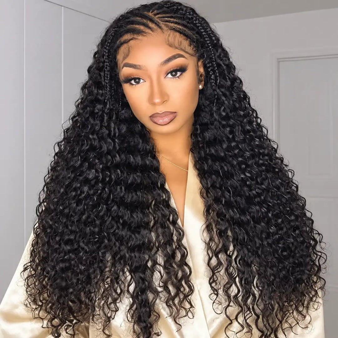 Aliglossy Pre-Braided Deep Wave HD Lace Frontal Human Hair Wig with Cornrows Front
