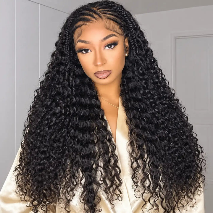 Aliglossy Pre-Braided Deep Wave HD Lace Frontal Human Hair Wig with Cornrows Front