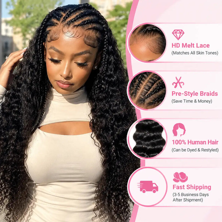 Aliglossy Pre-Braided Deep Wave HD Lace Frontal Human Hair Wig with Undetectable HD Melt Lace and Pre-Style Braids
