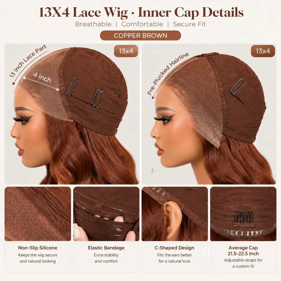 An inside view of the breathable cap construction of the ALIGLOSSY Layered Cut Copper Brown Wig 13x4 HD Transparent Lace Frontal Human Hair Wigs, featuring adjustable straps, secure combs, and flexible stretch mesh.