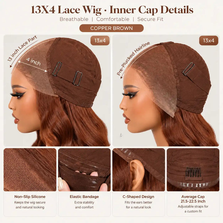 An inside view of the breathable cap construction of the ALIGLOSSY Layered Cut Copper Brown Wig 13x4 HD Transparent Lace Frontal Human Hair Wigs, featuring adjustable straps, secure combs, and flexible stretch mesh.
