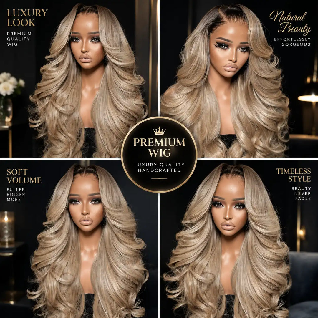 Ash Blonde Highlight With Dark Root Body Wave Lace Front Human Hair Wig