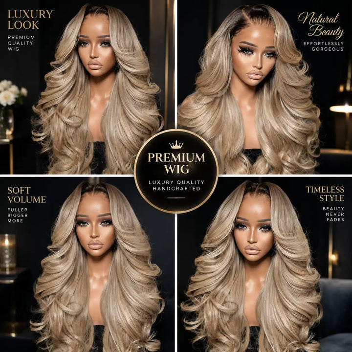 Ash Blonde Highlight With Dark Root Body Wave Lace Front Human Hair Wig