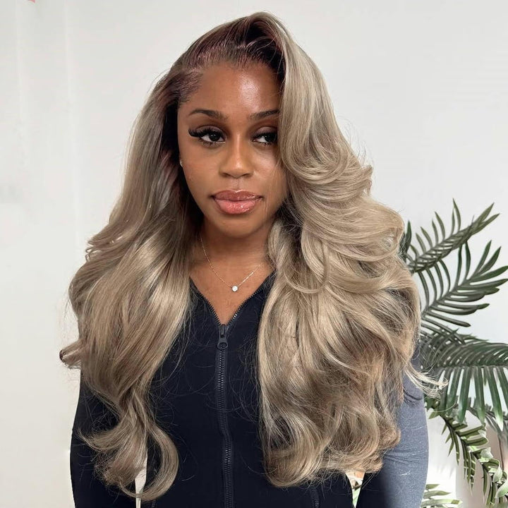 Ash Blonde Highlight With Dark Root Body Wave Lace Front Human Hair Wig 13x6 HD Lace