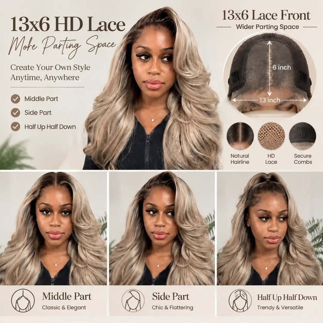 Ash Blonde Highlight With Dark Root Body Wave Lace Front Human Hair Wig 13x6 HD Lace For Beginners - 13x6 Cap Construction & Adjustable Straps