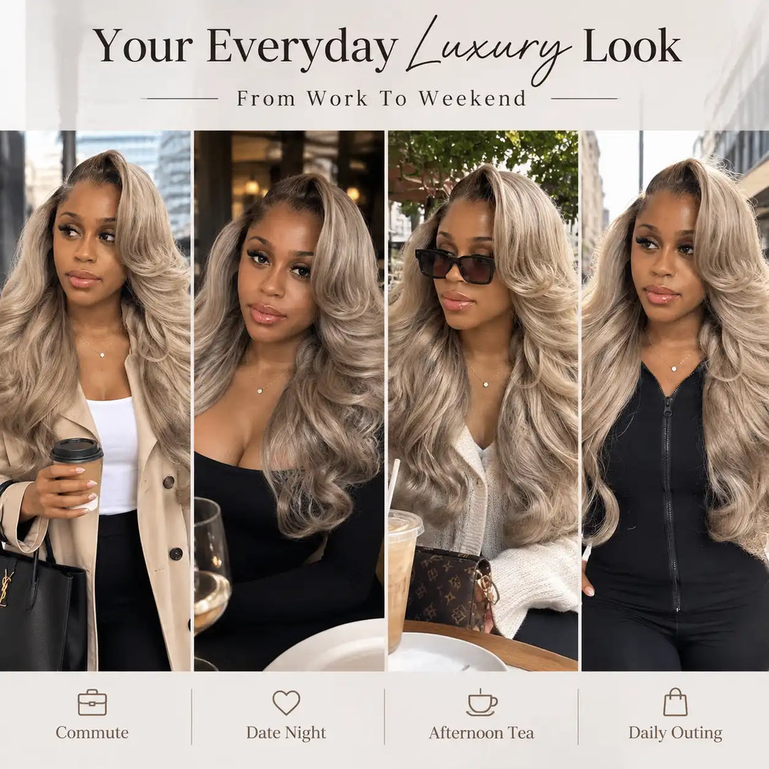 Ash Blonde Highlight With Dark Root Body Wave Lace Front Human Hair Wig 13x6 HD Lace For Beginners - 200% High Density Body Wave Texture
