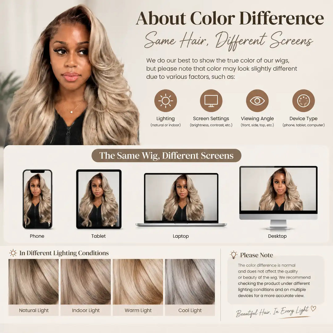 Ash Blonde Highlight With Dark Root Body Wave Lace Front Human Hair Wig 13x6 HD Lace For Beginners - Color Difference and Lighting Guide