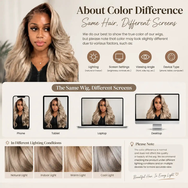 Ash Blonde Highlight With Dark Root Body Wave Lace Front Human Hair Wig 13x6 HD Lace For Beginners - Color Difference and Lighting Guide