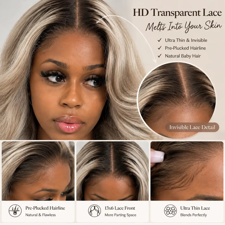 Ash Blonde Highlight With Dark Root Body Wave Lace Front Human Hair Wig 13x6 HD Lace For Beginners - Invisible HD Transparent Lace Hairline