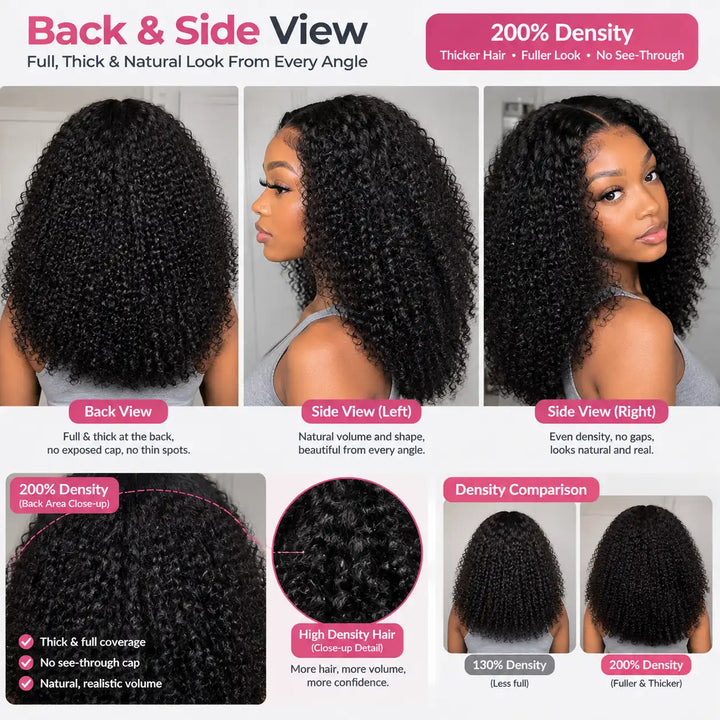 Back View Fullness - Wear Go Glueless Short Bob Kinky Curly Human Hair Wig 200% Density