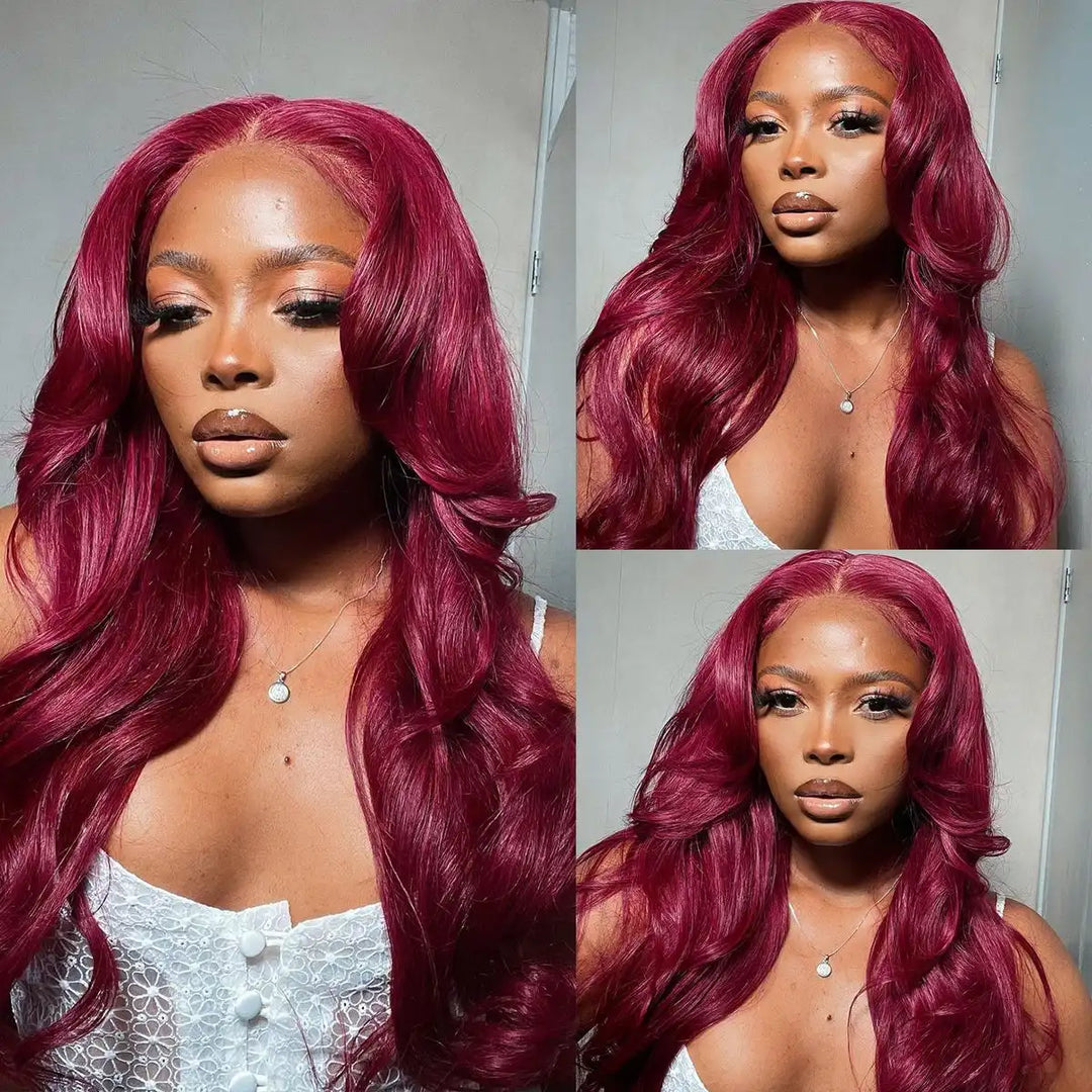 Back view showing 180% density loose waves on 99J burgundy lace front wig