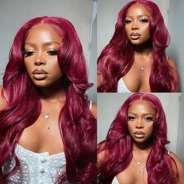 Back view showing 180% density loose waves on 99J burgundy lace front wig