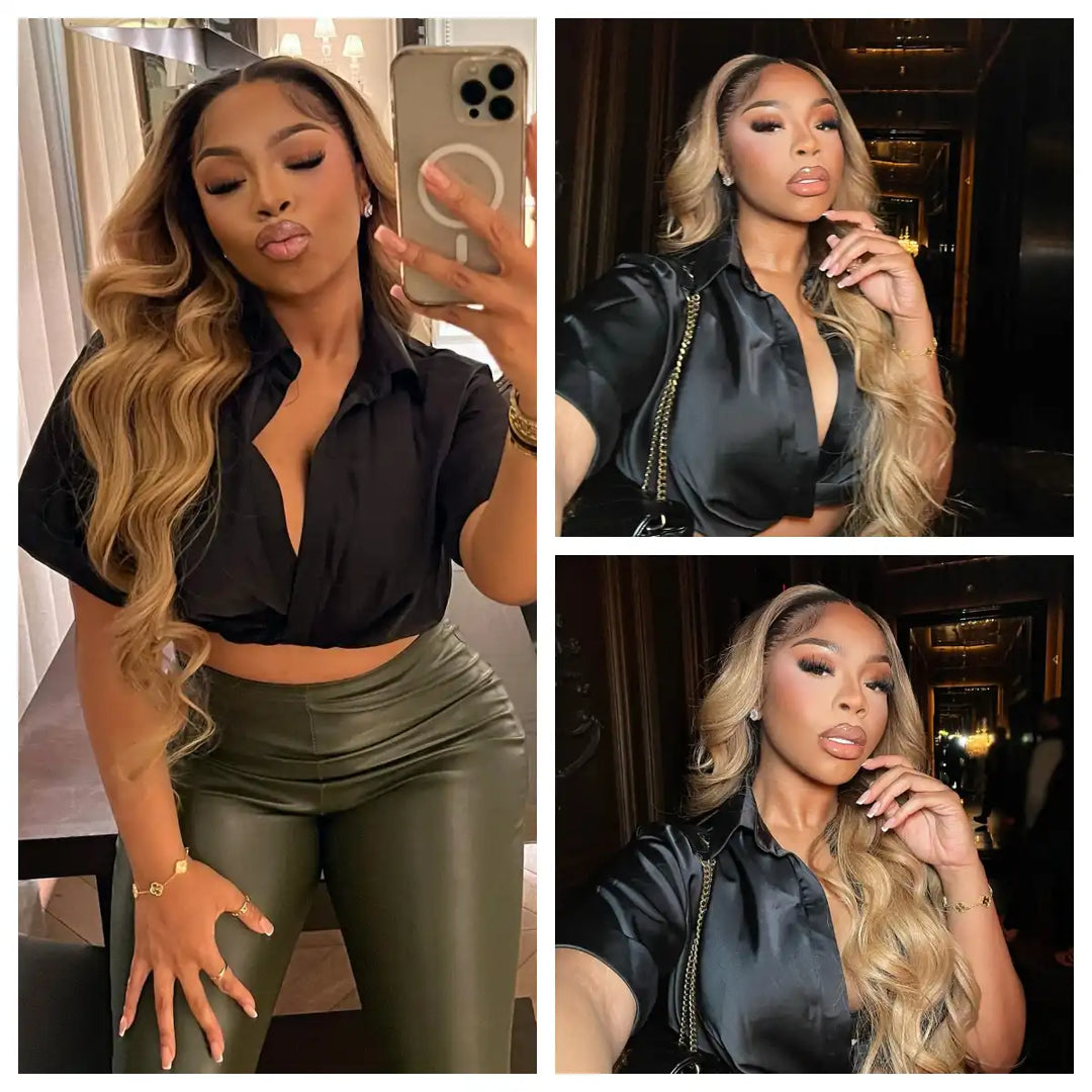 Balayage Blonde Highlight Body Wave Human Hair Wig Front View