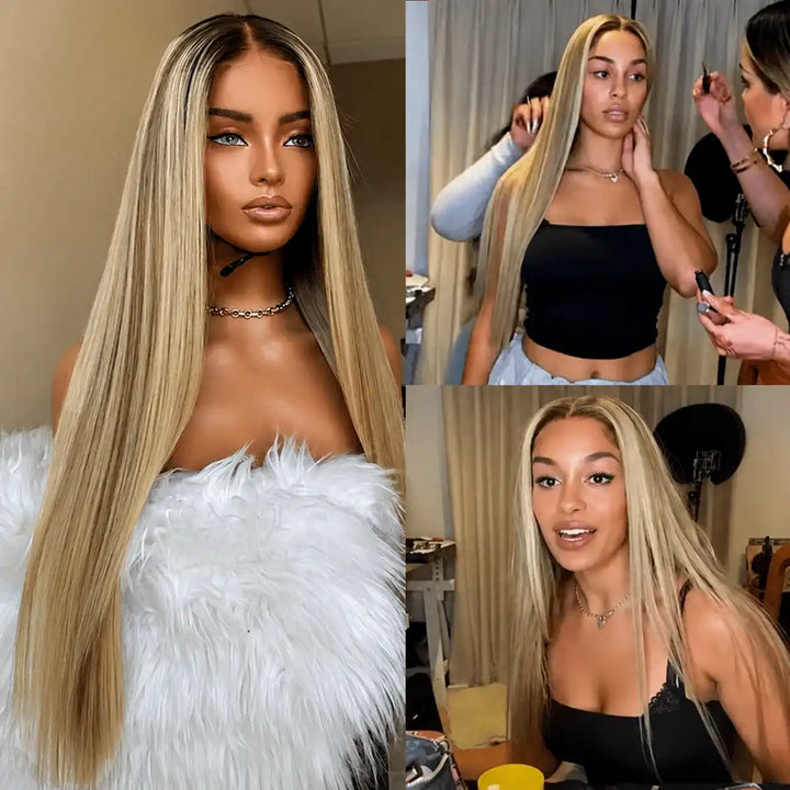 Balayage Blonde Highlight Straight Body Wave Human Hair Wig 13x6 HD Lace Front