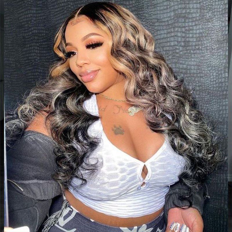 Balayage Highlights Black Blonde 13x4 lace front wig, HD transparent lace