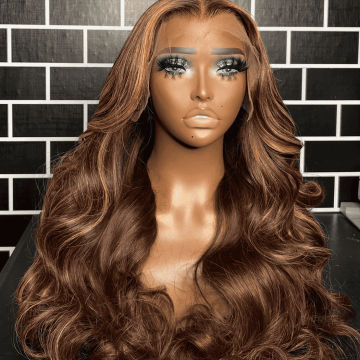 Balayage Honey Blonde On Chocolate Brown Highlights human hair wig, 13x4 lace