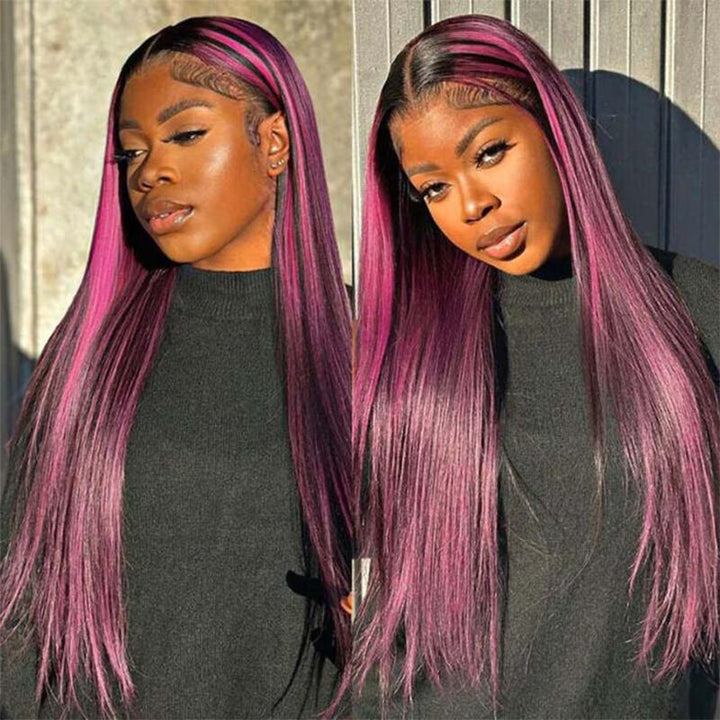 Balayage Pink Violet Highlights 13x4 lace front wig, natural hairline