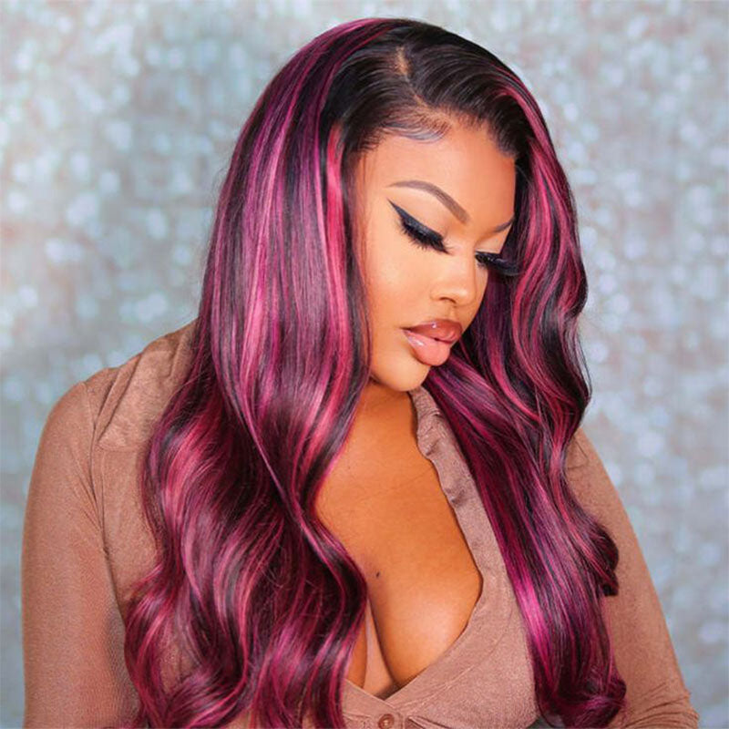 Balayage Pink Violet Highlights human hair wig, 180% density, 13x4 lace front