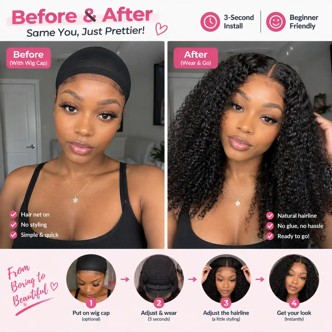Beginner Friendly Wear & Go Effect - Wear Go Glueless Short Bob Kinky Curly Human Hair Wig 200% Density