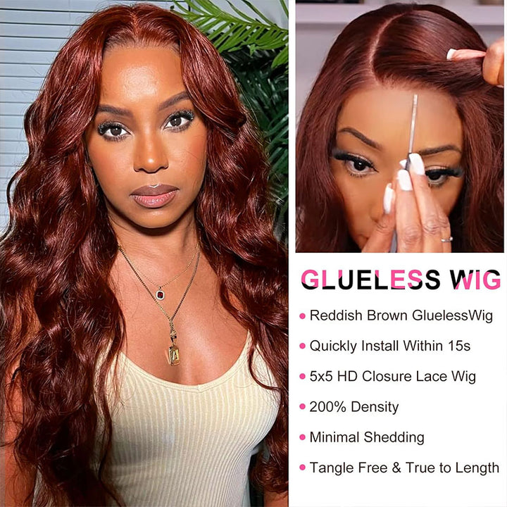 Beginner friendly pre-cut reddish brown body wave glueless lace wig
