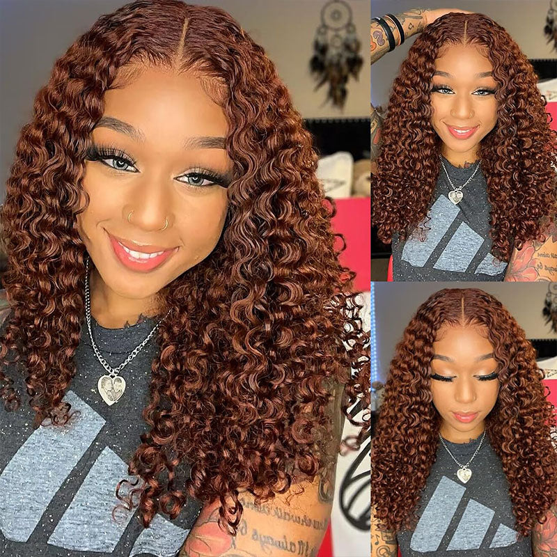 Beginner friendly pre-cut reddish brown deep wave glueless curly lace wig