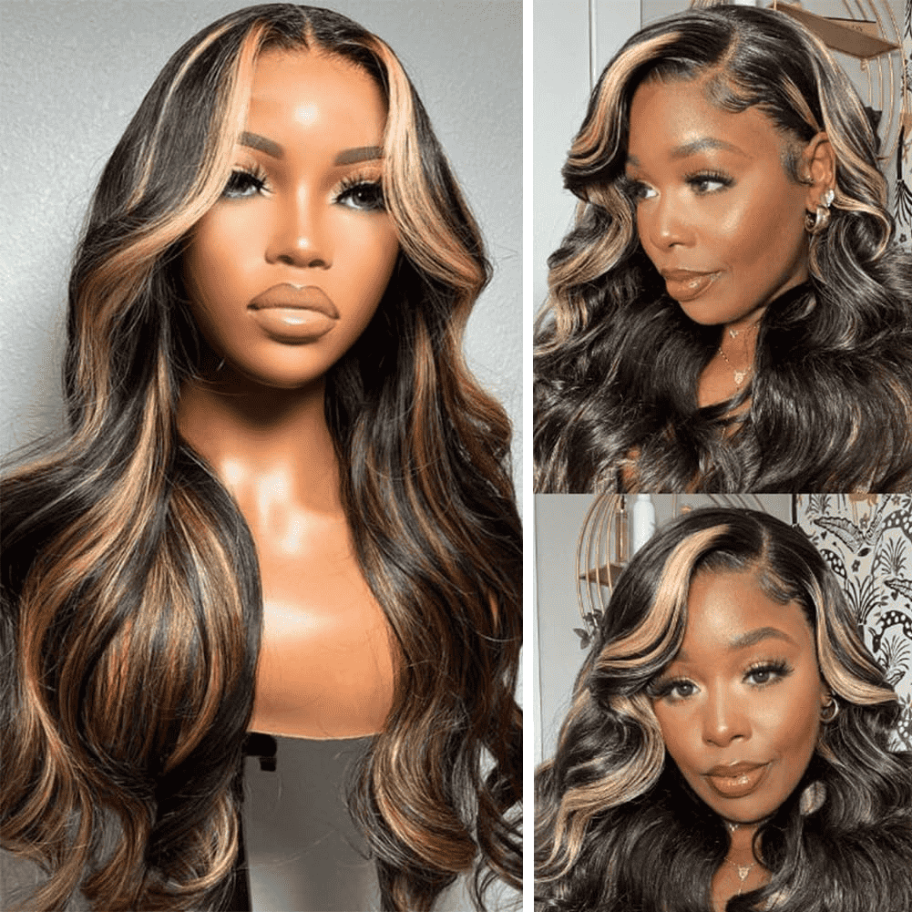 Black Blonde Balayage Highlight human hair wig, 13x4 HD transparent lace