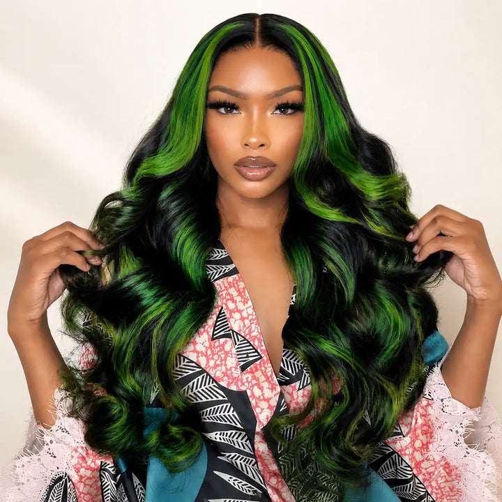 Black Green Skunk Stripe Highlight Wig | 180% Density 13x4 HD Transparent Lace Frontal Human Hair Wig