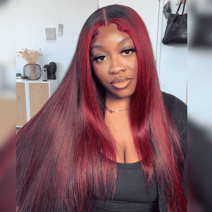 Black With Burgundy Red Highlights straight human hair wig, 250% density