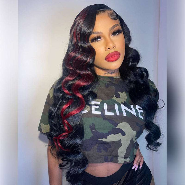 Black wig with Red Highlights, 300% density Wand Curls, 13x4 lace front