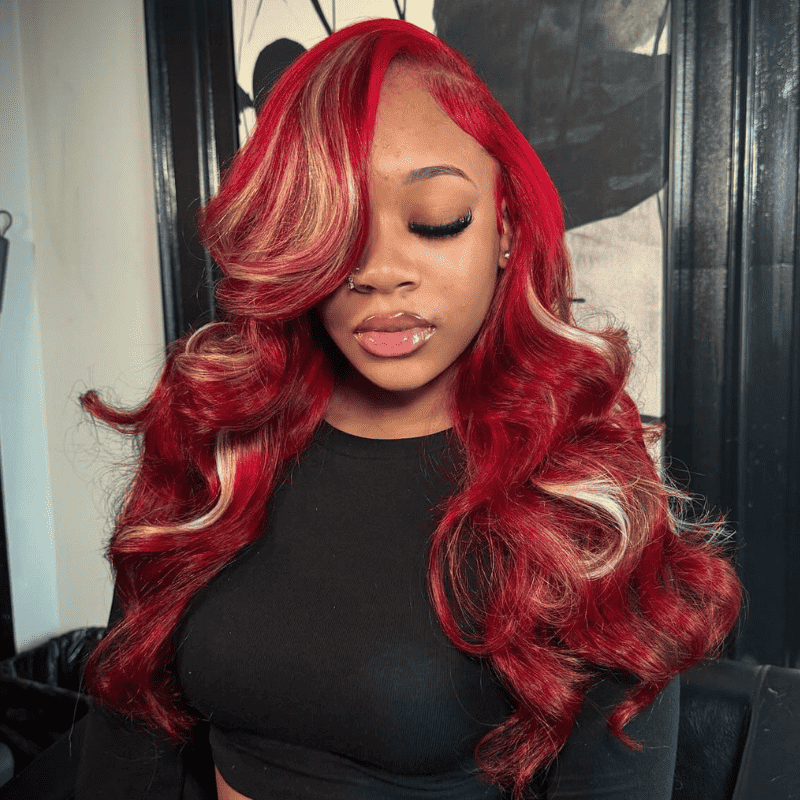 Blonde On Red Natural Black Highlights 13x4 lace front wig, 250% density