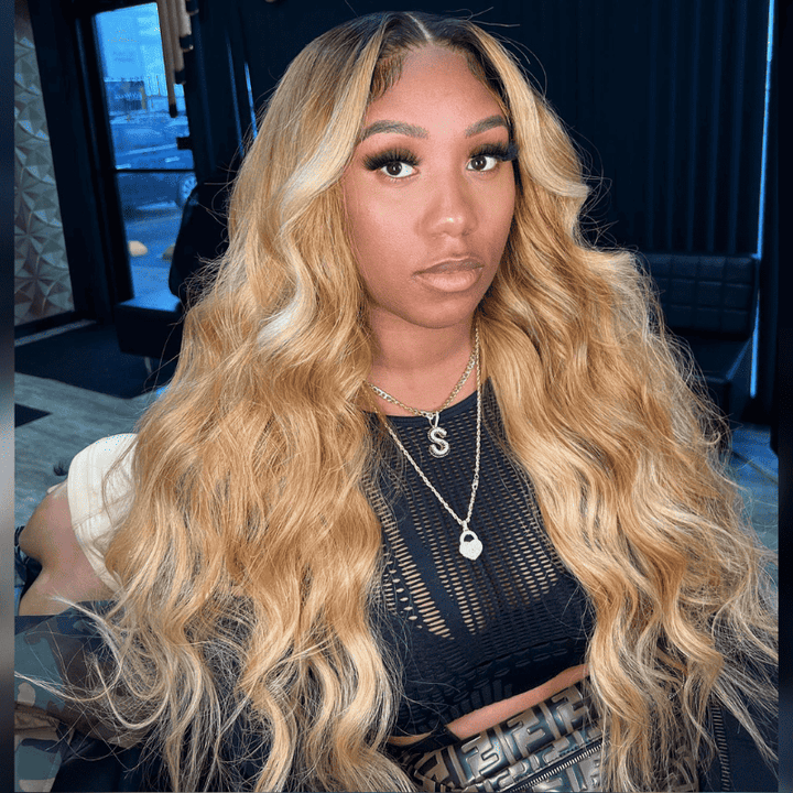 Blonde Skunk Brown Highlights human hair wig, 300% density, 13x4 lace