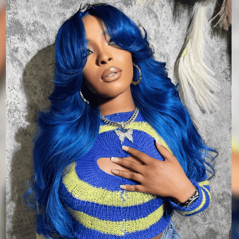 Blue Curtain Bangs Body Wave 13x4 lace front wig, 180% density
