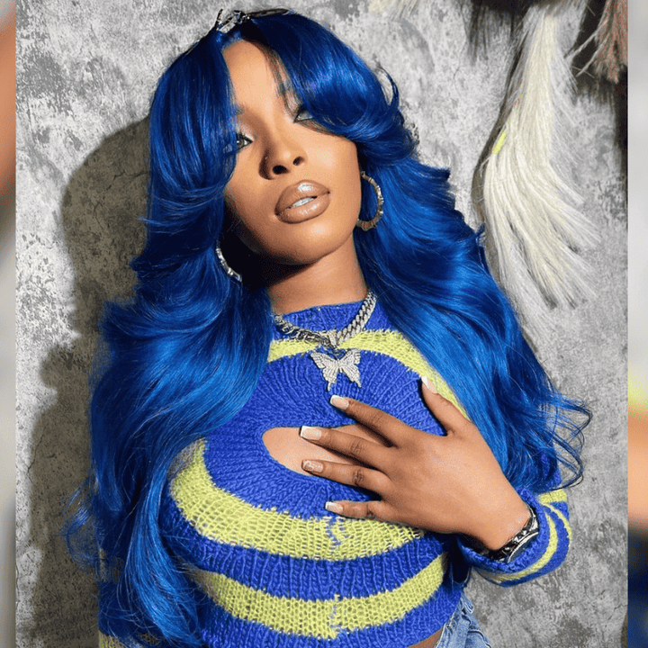 Blue Curtain Bangs Body Wave 13x4 lace front wig, 180% density