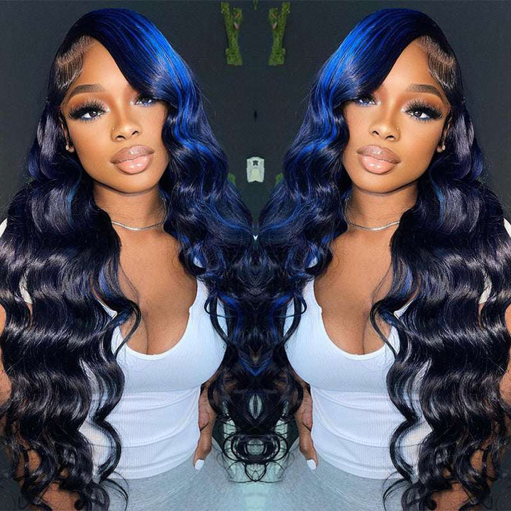 Blue Highlight Loose Deep Wave Lace Front Human Hair Wig 13x4 HD Lace