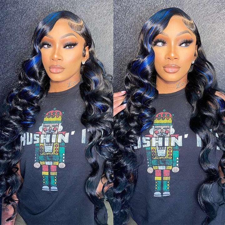 Blue Highlights Wand Curls Loose Deep Wave wig, 200% 250% 300% density