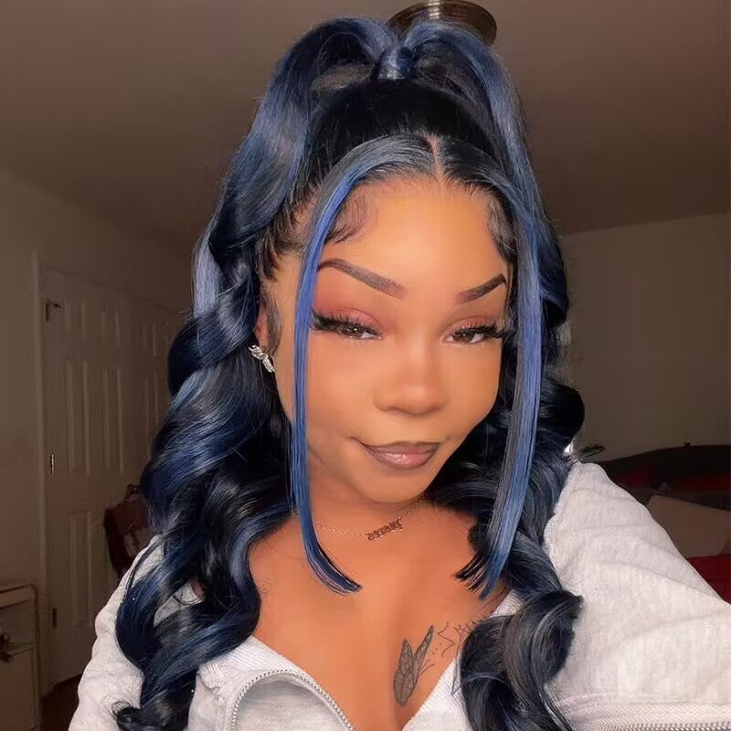 Blue Highlights Wand Curls Loose Deep Wave wig, 13x4 HD lace front