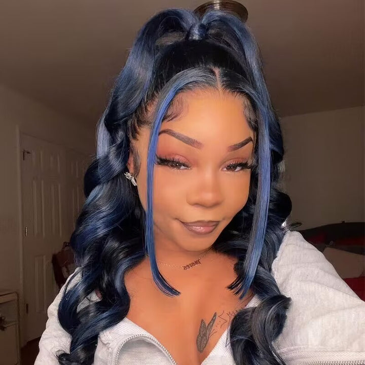 Blue Highlights Wand Curls Loose Deep Wave wig, 13x4 HD lace front