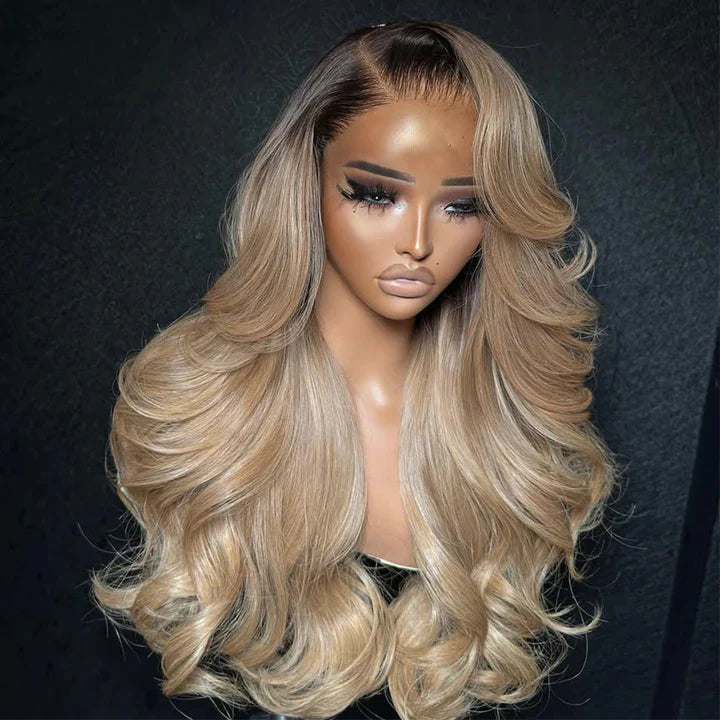 Body Wave Lace Front Human Hair Wig In Ash Blonde Highlight Color With Dark Root