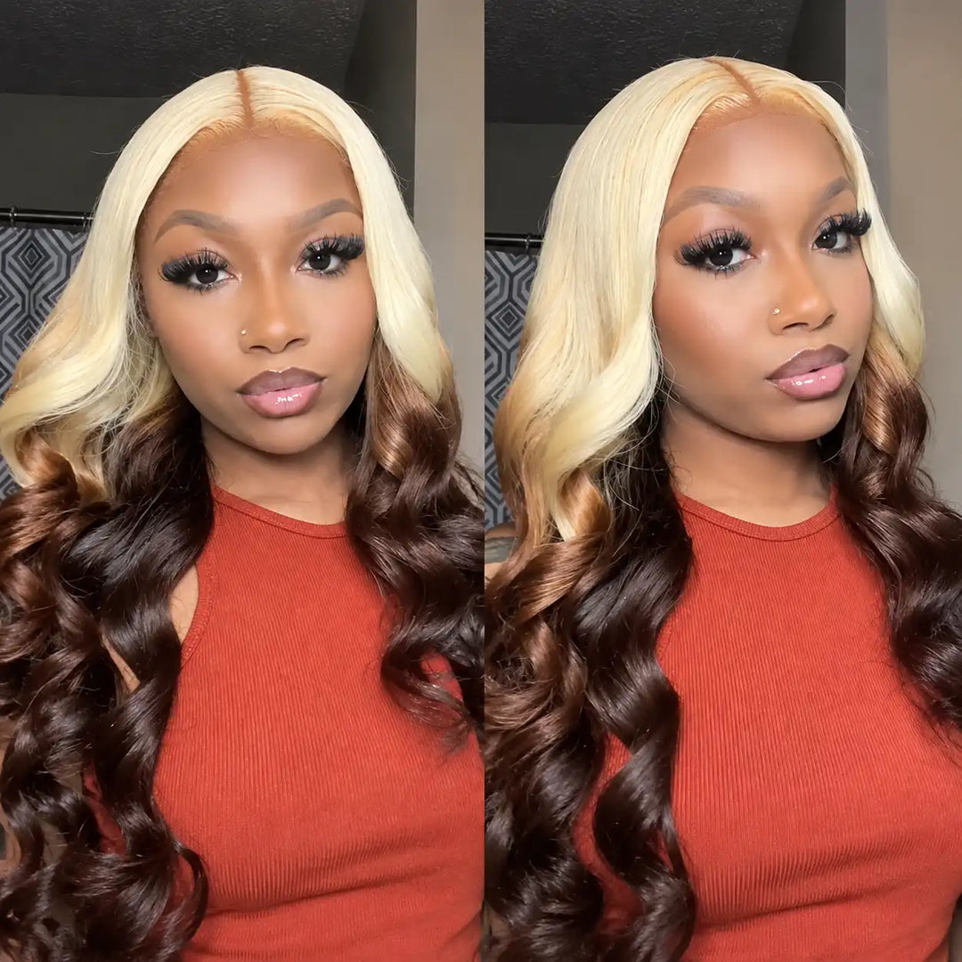Body Wave Reverse Ombre Human Hair Wig 13x4 HD Lace Front in Blonde to Dark Brown Black