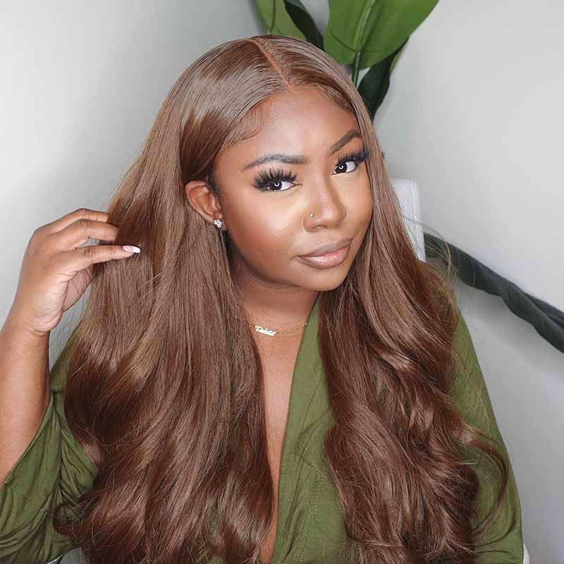 Body Wave human hair wig in Chocolate Brown, wear and go 180% density glueless design