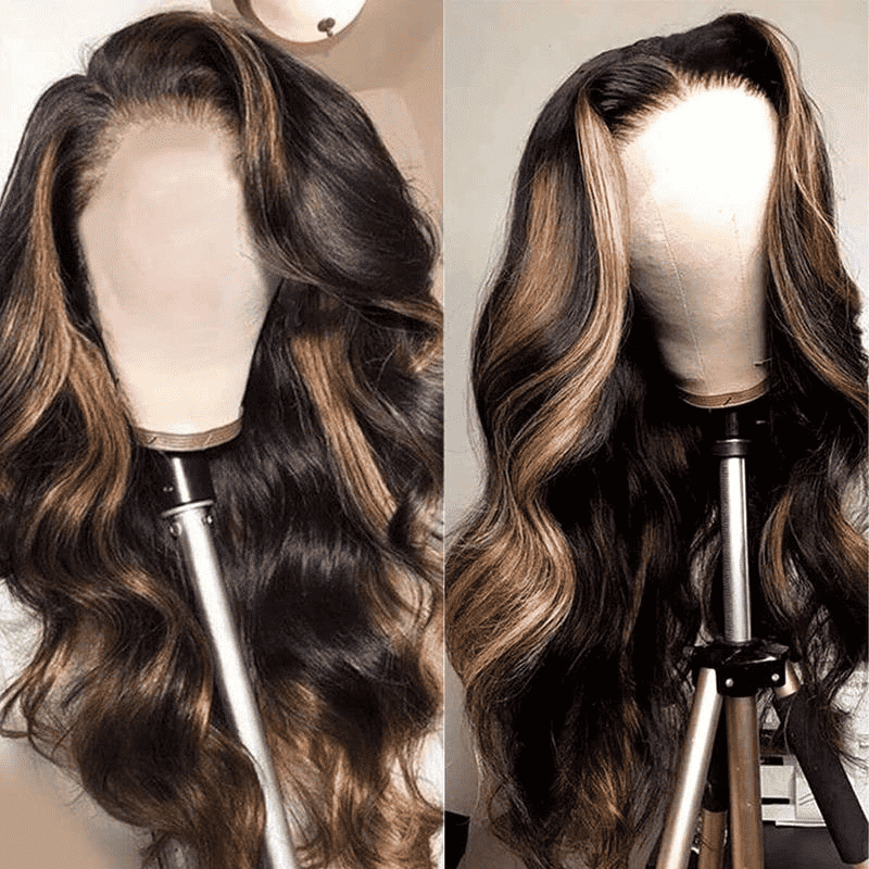 Body Wave wig with 1B/30 highlights, 13x6 HD lace front, natural hairline