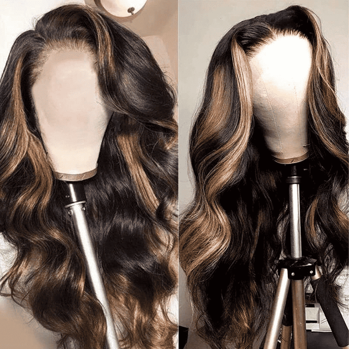Body Wave wig with 1B/30 highlights, 13x6 HD lace front, natural hairline